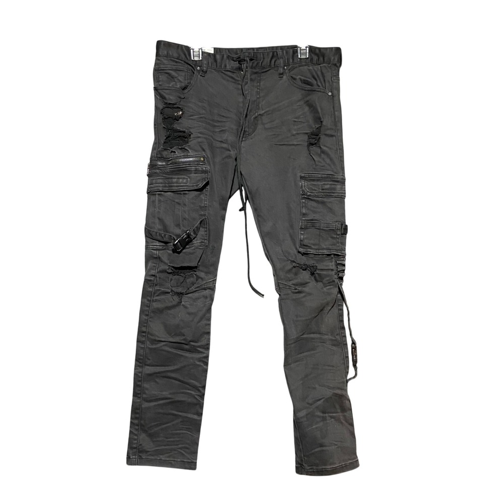 Smoke Rise SR91 Distressed Cargo Biker Jeans 36x32 Black Techwear Pants Grunge